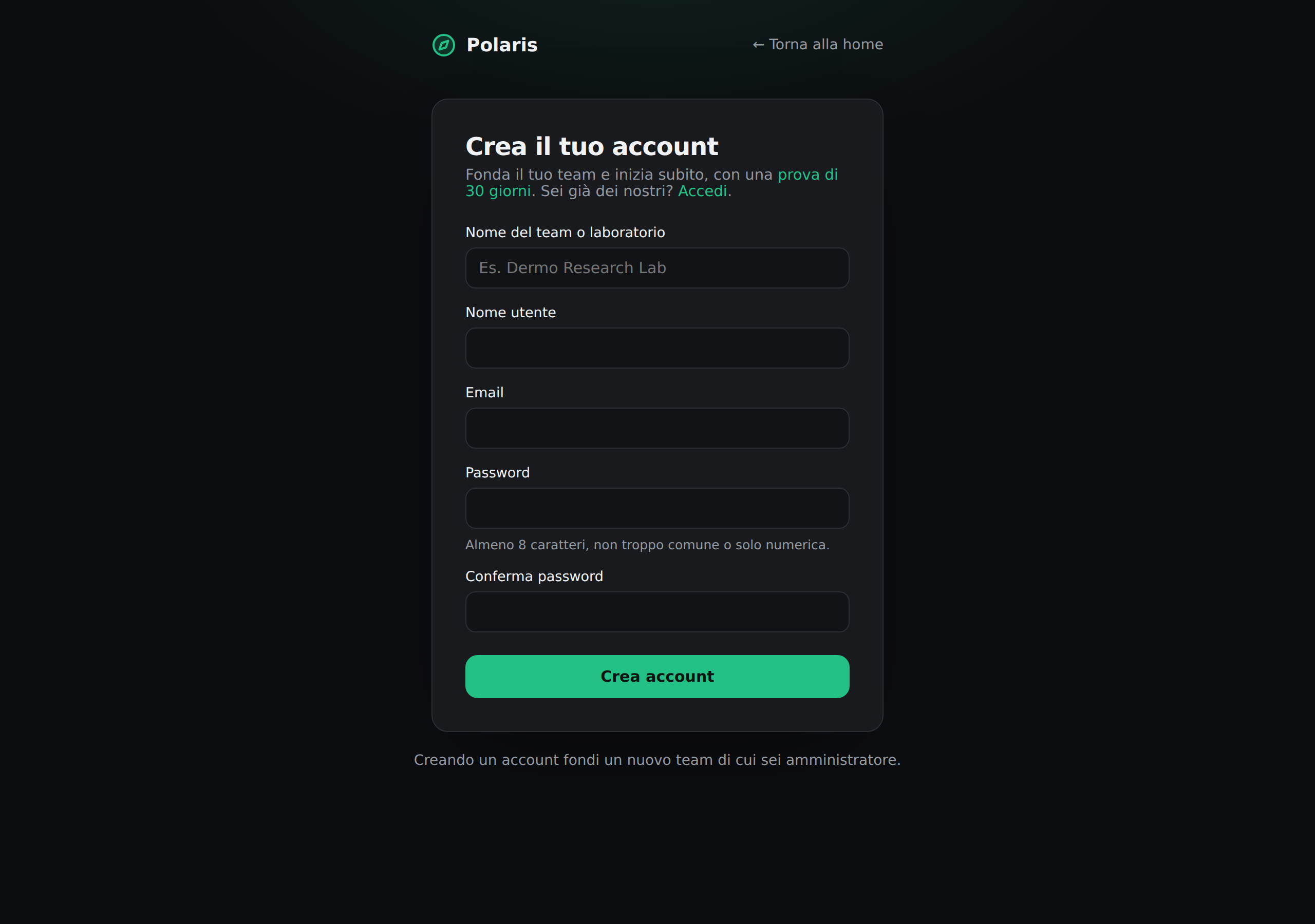 Pagina di registrazione: crea un account e fonda il tuo team.