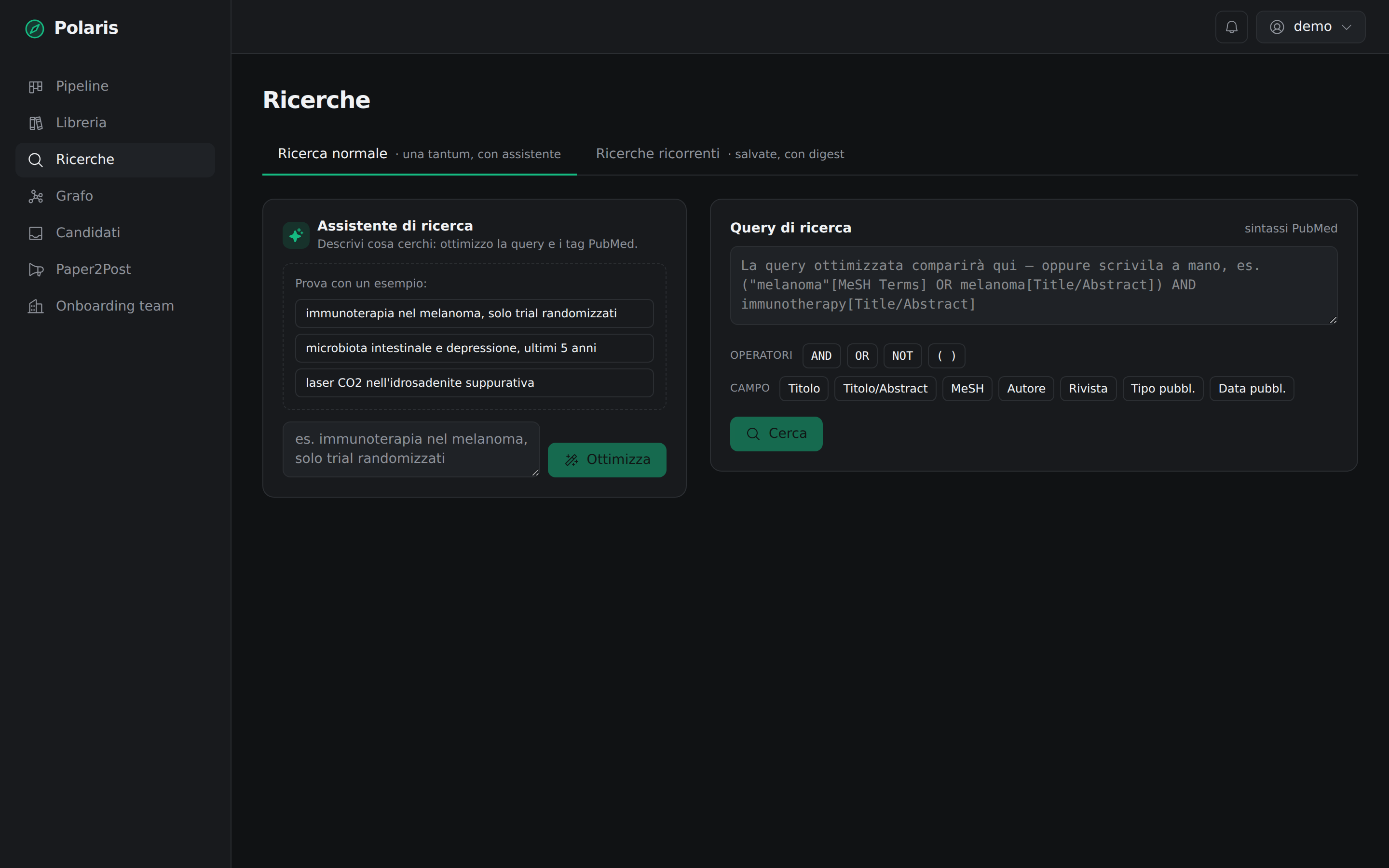 Assistente di ricerca con costruttore di query PubMed.