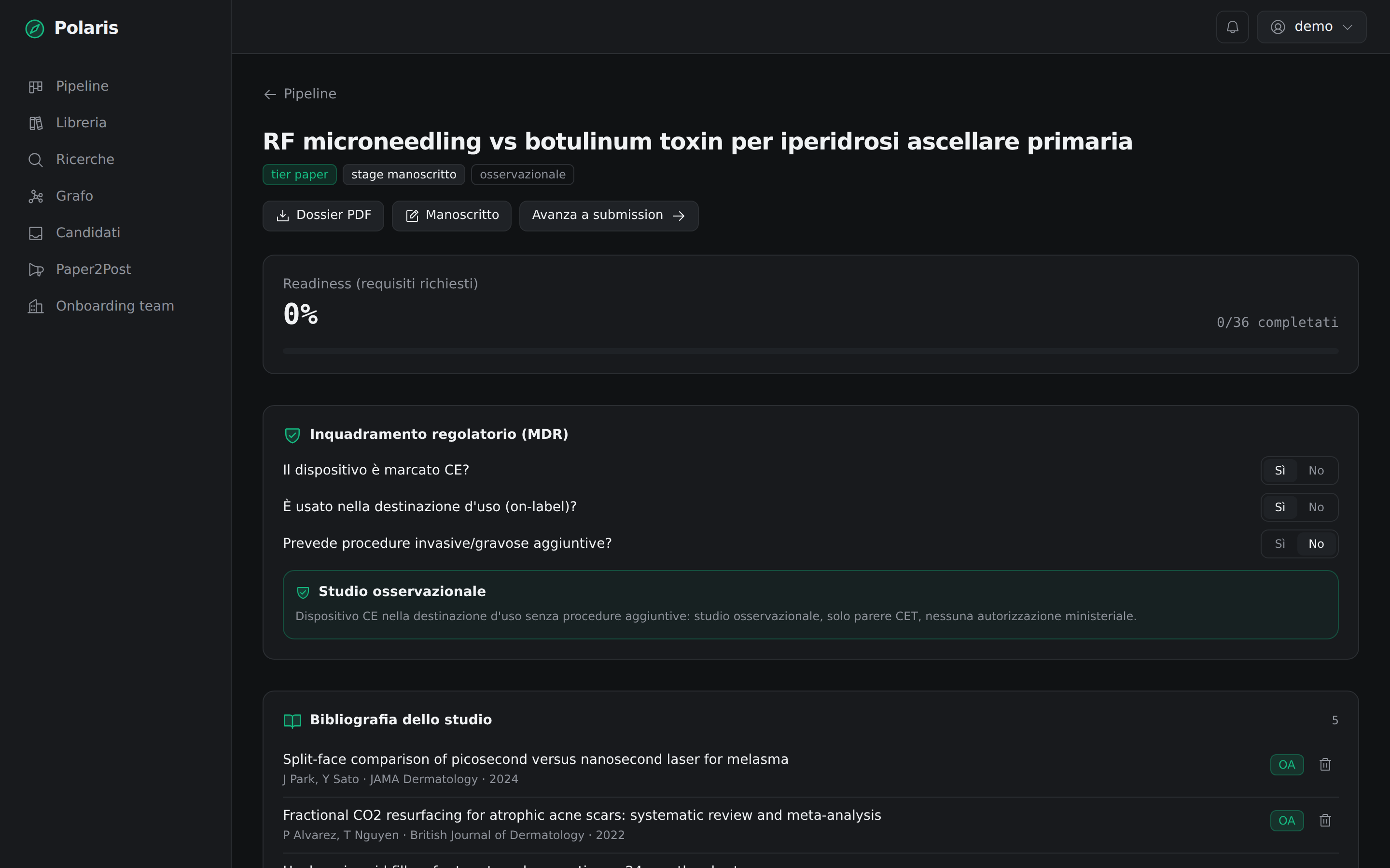 Dettaglio studio con inquadramento MDR e readiness.